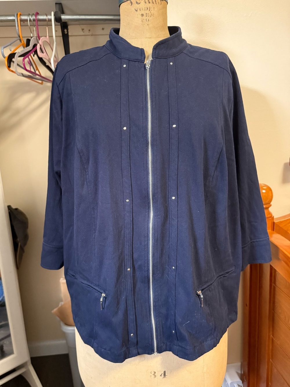 CJ Banks Navy Zip-Front Utility Jacket with Stud Accents
